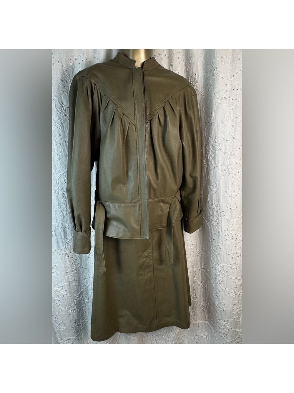 Vintage 80s Leather Jacket & Skirt Set Olive Taupe J. Porte Spain - Picture 3 of 14